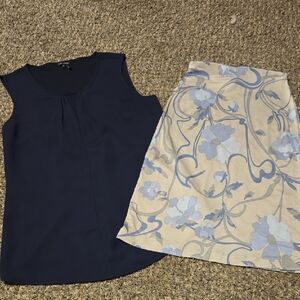 The Limited Blue and Cream Floral Silk Skirt With Nic+Zoe Navy Blue Shirt